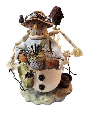 Handcrafted Snowman Figurine With Straw Hat Birdhouse And Gardening Details - Ru